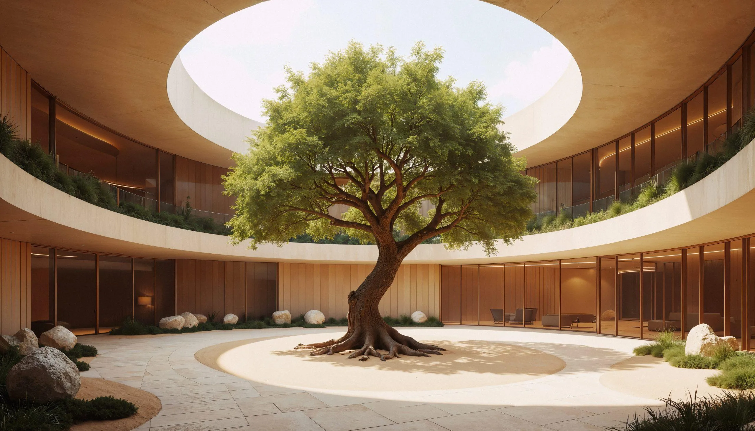 Großer Baum im lichtdurchfluteten Innenhof eines kreisförmigen Gebäudes