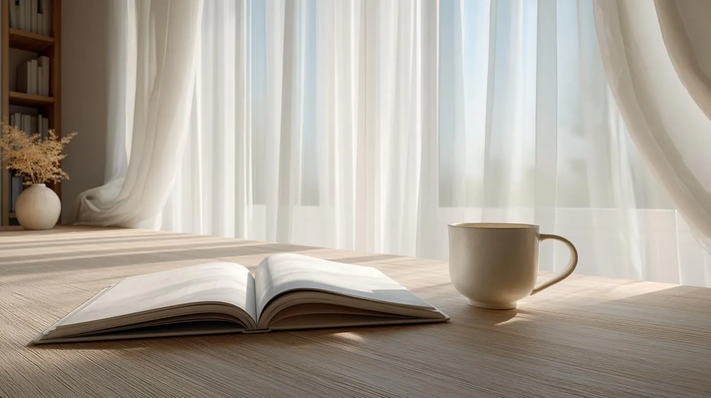 Offenes Buch und eine Tasse auf einem Holztisch am hellen Fenster