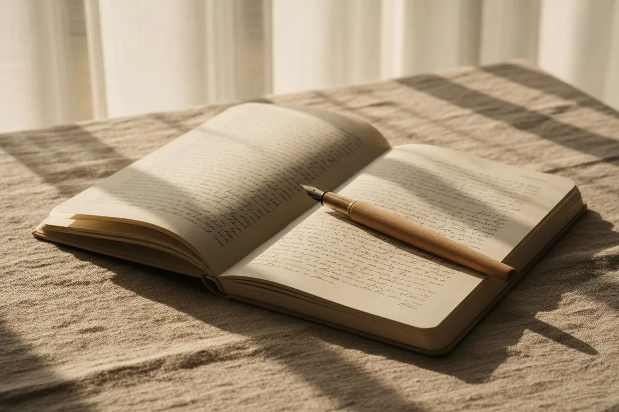 Offenes handschriftliches Buch mit Holzfüllhalter im warmen Fensterlicht